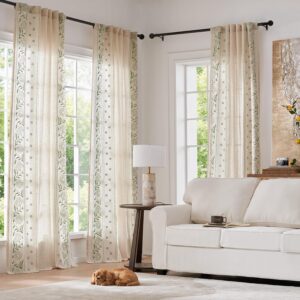 Beige Linen Embroidered Floral Light Filtering Window Curtains - Image 2