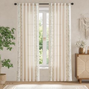 Beige Linen Embroidered Floral Light Filtering Window Curtains - Image 3