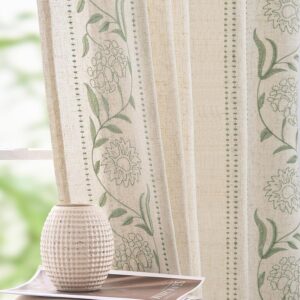 Beige Linen Embroidered Floral Light Filtering Window Curtains