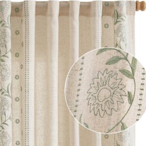 Beige Linen Embroidered Floral Light Filtering Window Curtains - Image 8