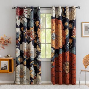 Black Boho Floral Blackout Curtains with Grommets