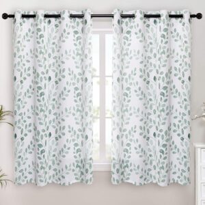 Green Leaf Print White Room Darkening Curtain Panel - Image 2