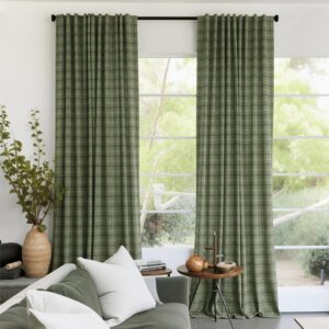 Moss Green Plaid Checkered Light Filtering Window Curtains
